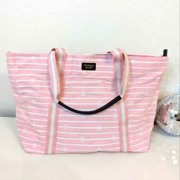 Victorias Secret Pink White Stripe Bag Large Canvas - Picture 1 of 6